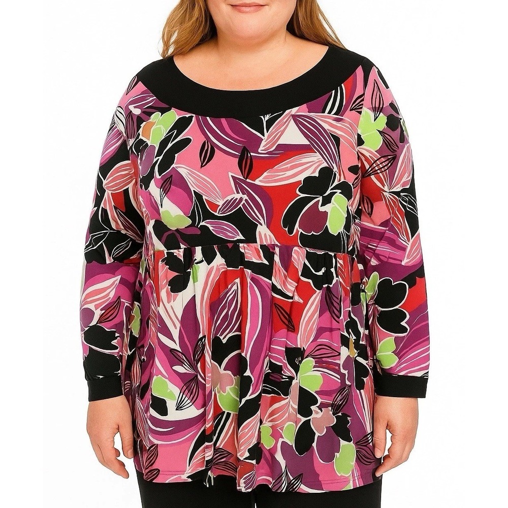 Style & Co Women's Blouse Multicolor 1X Black Pink Purple Floral Tunic Boho Chic